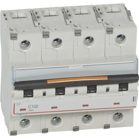 Disjoncteur DX³ 25kA arrivée haute et départ bas à vis 4 Pôles 400V 100A courbe C 6 modules LEGRAND 409802