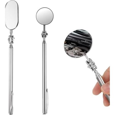 2 Pièces Miroir d'Inspection Télescopique, Rotation 360° Acier INOX Ronde et Ovale Extensible, Miroirs Auto avec Poignée Réglable pour Réparation -