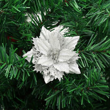 Set mit 12 künstlichen Weihnachtssternen zur Dekoration des Weihnachtsbaums, doppellagig mit silbernem Glitzer