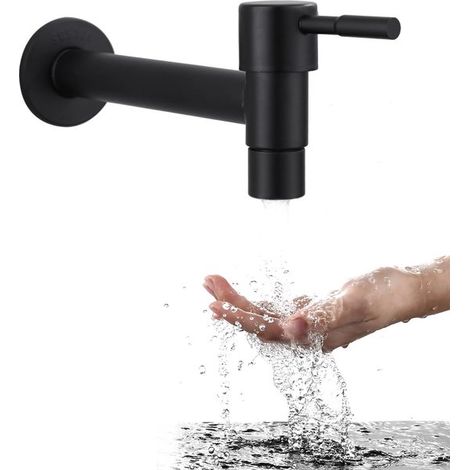 Schwarzer Edelstahl Einhebelmischer für Kaltwasser Wasserhahn Brausehahn Waschmaschinenhahn Hebelbedienung Schwarz Wandarmatur Außenarmatur Badez (1/5)