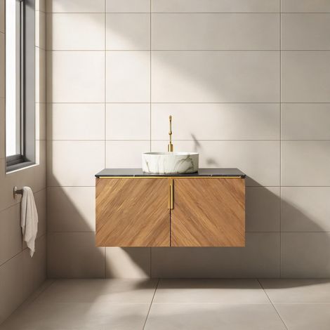 Meuble vasque suspendu 91 cm matte noir et chêne marron (1/5)