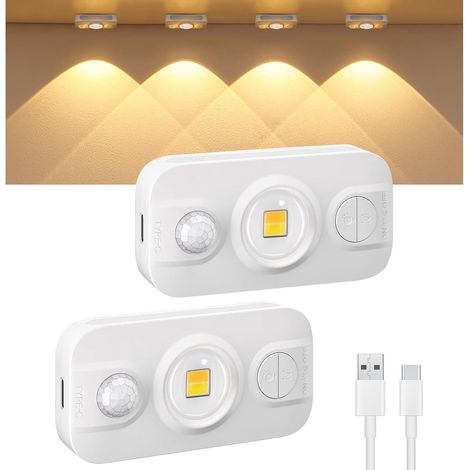 Lot de 2 mini lampes LED sous meuble de cuisine avec détecteur de mouvement, USB-C rechargeable, lumière LED blanc chaud, intensité variable, sans fil, veilleuse pour armoire, éclairage (1/5)