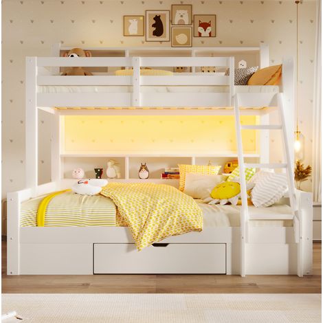 Letto a castello 90x200 + 140x200 cm bianco in pino con LED, contenitori e scala (1/5)