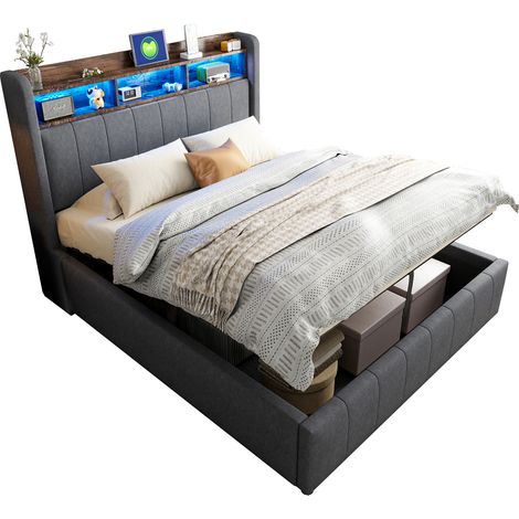 Lit Coffre 140 x 200 cm en Tissu, Lit Double avec LED Réglable, USB, Type-C et Rangement Hydraulique, Gris (1/5)