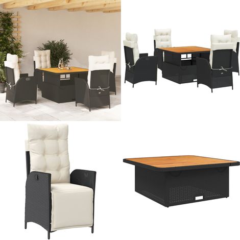 5-tlg. Garten-Essgruppe mit Kissen Schwarz Poly Rattan - Gartentisch - Sitzkissen
