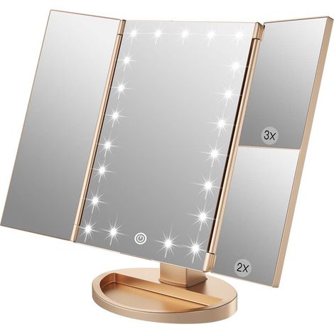 Miroir de maquillage avec 21 LED, grossissement x1/x2/x3, pliable en trois parties, rechargeable, pour voyage (doré)