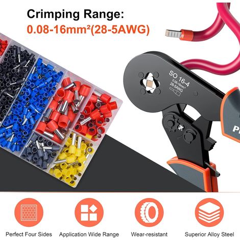 0.08-16mm² Pince a Sertir, avec Cosse Electrique 1200pcs, Orange, Gris, Noir Preciva AWG 28-5 Pince à Sertir, Cliquet Auto-Adjuvsable, Sertissage Précis