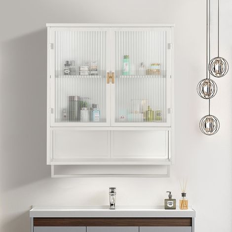 Meuble mural blanc 60 cm, 2 portes vitrées, rangement fermé sur 2 niveaux, étagère ouverte et porte-serviettes, pour entrée, salon, salle de bain ou salle à manger. (1/4)