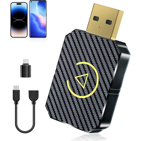 Adaptador inalámbrico CarPlay, 2025. CarPlay inalámbrico para coches con cable de extensión USB tipo C y USB. El dongle convierte la conexión por cable en inalámbrica. Plug and Play. Color dorado.