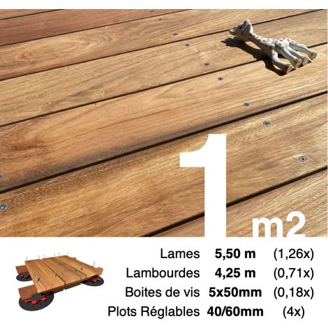 Kit complet terrasse bois exotique JATOBA pour 1 m² • Lames 5,5 m, lambourdes 4,25 m, plots réglables et visserie Inox