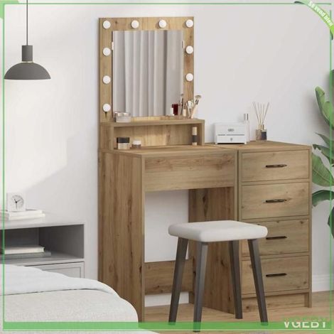 Coiffeuse - ABI - Chêne artisanal - 50 x 41 x 135 cm - Miroir intégré - LED (1/5)