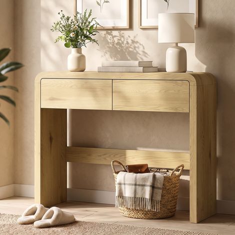 Table Console avec 2 Tiroirs, Console Meuble, 100 x 30 x 85 cm, Coins Arrondis et Plateau Épais, Bois Naturel (1/5)