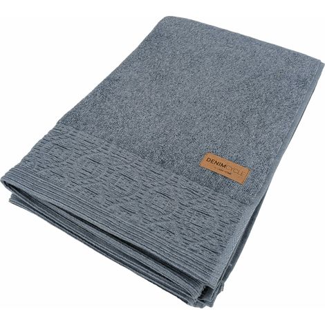 Drap de bain pur coton 100x150cm DENIM à bordure géométrique bleu (1/5)