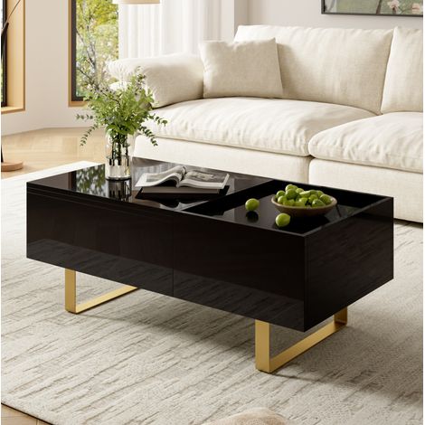 REDOM Mesa de centro (100x50x54.5 cm), altura regulable hidráulica, con cajón y almacenaje oculto, MDF negro (1/5)