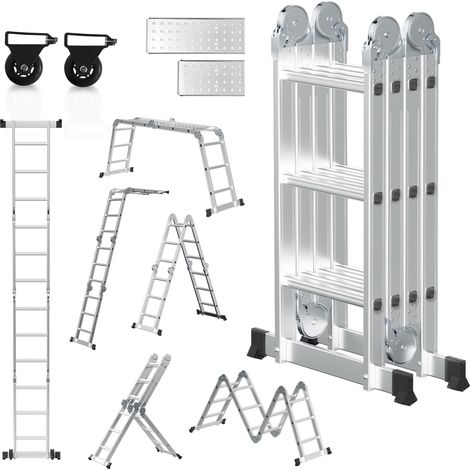 Jiubiaz Escalera multiposición 7 en 1 de aluminio, 4x3 peldaños, aprox. 360 cm / 3,6 m, plegable, 2 plataformas + 2 ruedas, carga máxima 150 kg (1/5)