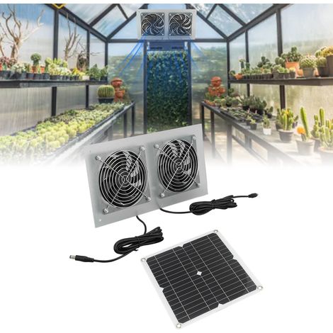 Ventilateur solaire 15 W pour animaux de compagnie, production d'énergie solaire, ensemble de deux ventilateurs avec interrupteur pour pièce extérieure pour animaux. (1/5)