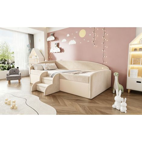 Lit capitonné enfant 90x190 cm, lit évolutif avec échelles et garde-corps, housse en velours confortable, sans sommier ni matelas, teinte beige (1/5)
