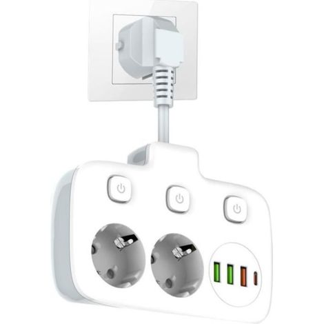 Multiprise - 2 Prises - 1 Porte USB-A - 3 Ports USB-C - 2500 W - Câble Flexible 1,8 M - Interrupteurs Indépendants - Pour Bureau Chambre Salon (1/4)