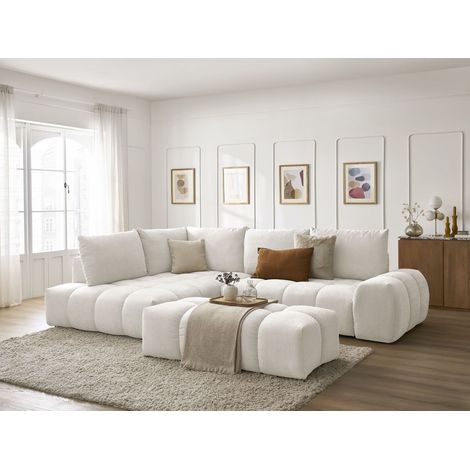 BOBOCHIC - Canapé d'angle L convertible coffre EVEREST tissu texturé avec pouf Angle gauche Blanc (1/5)