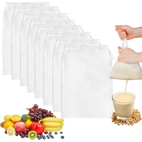 Sacs filtrants blancs, 2436cm, paquet de 8, réutilisables pour les légumes et les jus, le café, le lait d'avoine et les laits végétaux. (1/5)