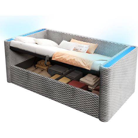 Canapé-lit 90 x 200 cm en velours gris avec coffre hydraulique et bande LED multicolore, sommier à lattes, pour chambre, salon ou enfant - CHICFURN (1/5)