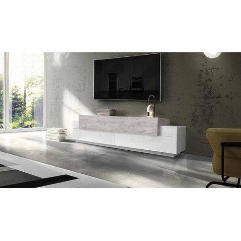Dmora - Mueble de televisión Dmirand, Aparador bajo para salón, base soporte TV, 100% Made in Italy, cm 200x45h52, Blanco brillo y Cemento (1/5)