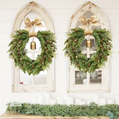 Set of 2 Pinecone-Shaped Christmas Wreaths with Bells—Door Hanging Decorations—Heart-Shaped Design with Bow, for Christmas Decor (1/5)
