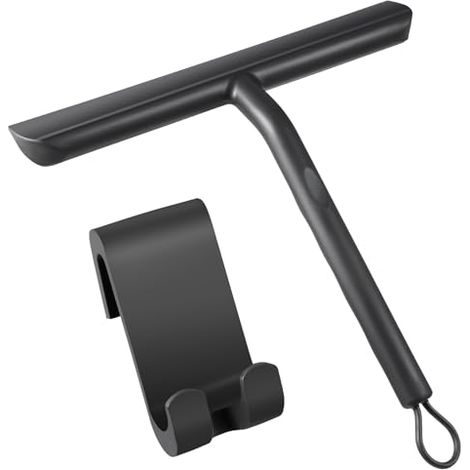 Escobilla de ducha, limpiacristales sin dejar marcas, escobilla de ducha para puertas y cristales, escobilla de baño con soporte - 21 cm, color negro, escobilla de silicona para puertas de ducha, vent (1/5)