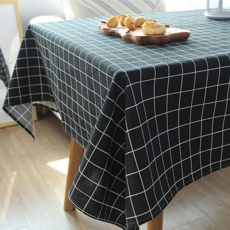 Karierte Tischdecke Baumwolle-Leinen 140x220 cm Schwarz-Weiß, Lichtecht, Waschbar