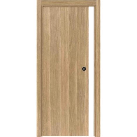 Porte coulissante cloison Matild 83 cm avec cuvette ronde noire, finition chêne brut structuré - Reivilo