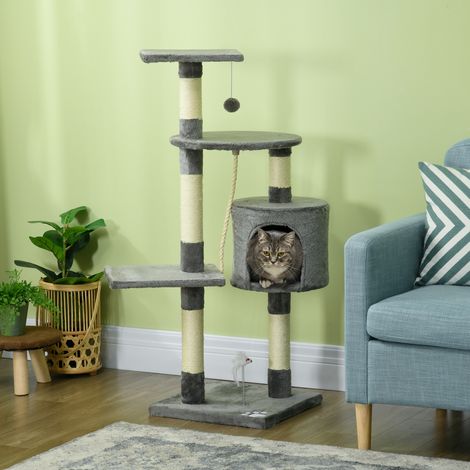 Katzenkratzbaum, 116 cm hoch, mit Sisalstämmen, Höhle, Plattformen und Spielzeug, Dunkelgrau (1/5)