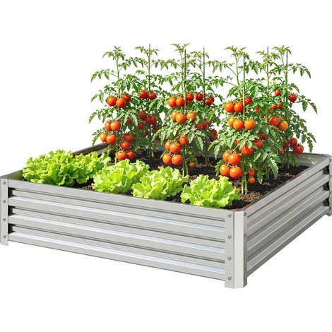 Square Raised Garden Bed Box with Wearized Steel Frame for Vegetables, Flowers, & Herbs, 120 x 120 x 30cm, Silver Tone (1/5)