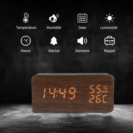 Réveil numérique rectangulaire en bois blanc affichage LED blanc avec thermomètre et humidité réf 8772 500 g – Livraison gratuite (1/5)
