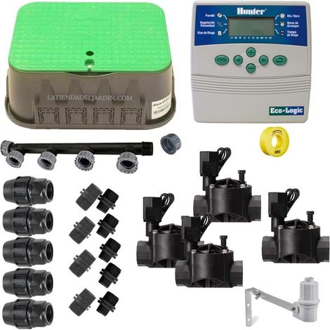 Kit Riego Automatico 4 zonas 24V Hunter para Tuberia 20mm  Incluye Programador, Electrovalvulas y Accesorios (1/4)