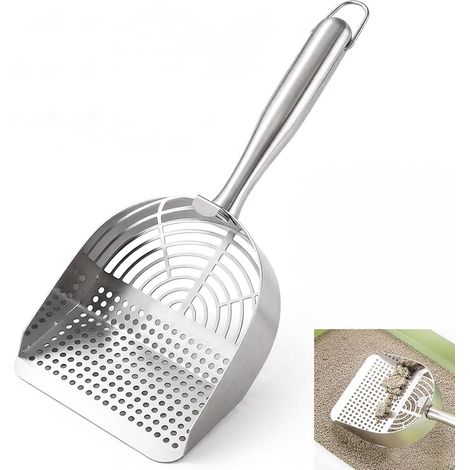 Paletta per lettiera in acciaio inox con doppio setaccio da 4 mm/10 mm per risparmiare lettiera, manico e gancio lunghi 28 cm, pulizia igienica quotidiana per case con più gatti. (1/5)