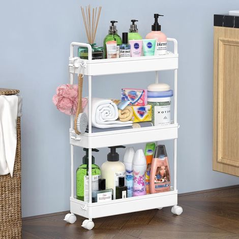 Chariot Rangement 3 Étagères - 1 Unité - Plastique et Acier - Mobile avec Roues - Cuisine Salle de Bain - Blanc 13x40x61cm (1/5)