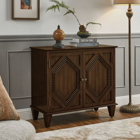 Buffet rétro en bois de 85,3 cm (33,6 po) avec espace de rangement, vitrines symétriques ornées de motifs géométriques, meuble TV pour salon/entrée/salle à manger/cuisine, noyer (1/4)
