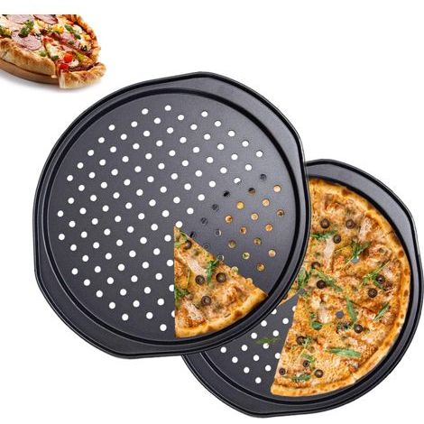 Lot de 2 Plaque Pizza Four 33.5 cm Ronde, Antiadhésif Moule à Pizza Perforés en Acier Carbone, Plateau à Pizza Pan Ronde (1/5)