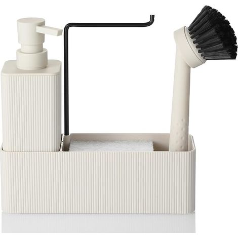 Distributeur Liquide Vaisselle Cuisine Beige 4 en 1 Rangement Evier Cuisine Distributeur Liquide Vaisselle avec Distributeur Savon Brosse Éponge Porte-vaisselle et Organisateur (1/5)