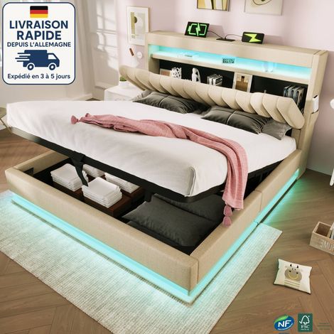 MODFU - Letto contenitore per adulti 140×200cm, LED, testiera con contenitore, porte USB e Type-C, base imbottita, senza materasso, lino, beige (1/5)