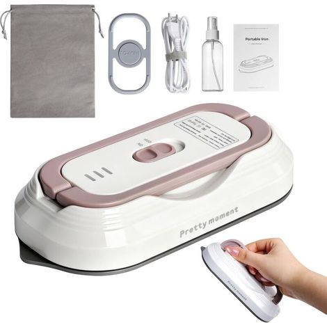 Mini portable travel iron with universal voltage 100-240V, small iron, handheld device, steam-free, ceramic surface, 150°C heat press with steamer, bag and (1/5)