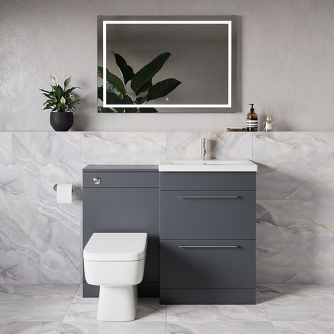 Napoli 390 Gloss Grey 1100mm 2 Drawer Vanity Unit Toilet Suite with Glide Basin - 1100mm - Chrome 320mm HandleWith Kingston Toilet Pan and Seat