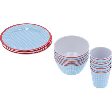 Ensemble de 12 pièces de vaisselle à carreaux bleu clair pour la maison, la cuisine et les restaurants.