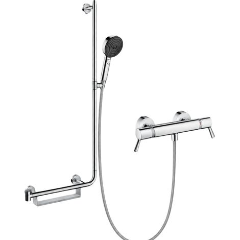 Mitigeur thermostatique HANSGROHE Ecostat Comfort Care + Barre PMR Unica gauche + Pommeau Pulsify Select 3jets + Flexible Metaflex