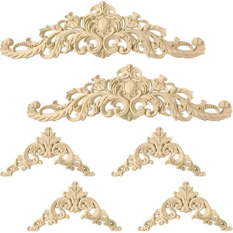6 Piece Wooden Moulding, Decorative Carved Wood Moulding – Flower Floral Vintage Corner Applique for Furniture European Style Unpainted (1/5)