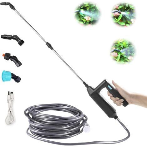Pulverizador eléctrico para plantas con pértiga telescópica de 60-110 cm y 3 boquillas de nebulización, funciona con batería y tiene una manguera de 3 m. (1/4)