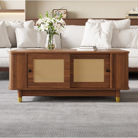 Couchtisch 100x50x42 cm Nussbaum MDF mit Rattan-Schiebetüren und Stauraum (1/5)