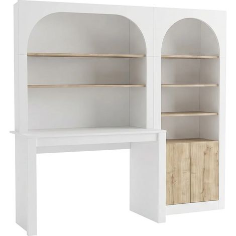 Scrivania con libreria 2 ripiani, 4 nicchie e 2 ante Bianco e naturale - CYMORA (1/5)