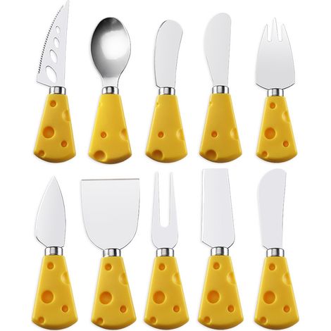 Ensemble de 10 couverts à fromage en acier inoxydable jaune, motif dessin animé, couteau à fromage et outils à fromage. (1/5)
