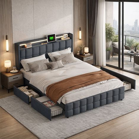 Lit Double Adulte 160x200 cm avec Sommier à Lattes, Tête de Lit LED et Ports USB, Lit capitonné avec 4 Tiroirs de Rangement, Gris (1/5)